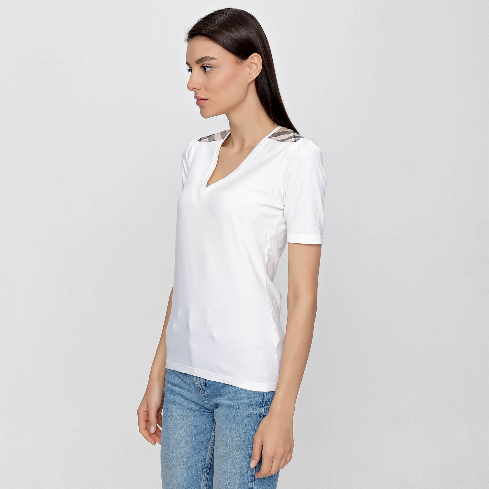 Burberry - White Cotton Iconic Check V Neck T-shirt